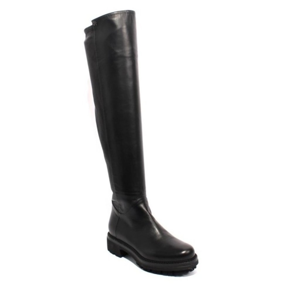 ITALIAN Black Leather Stretch Over-Knee Zip Boots